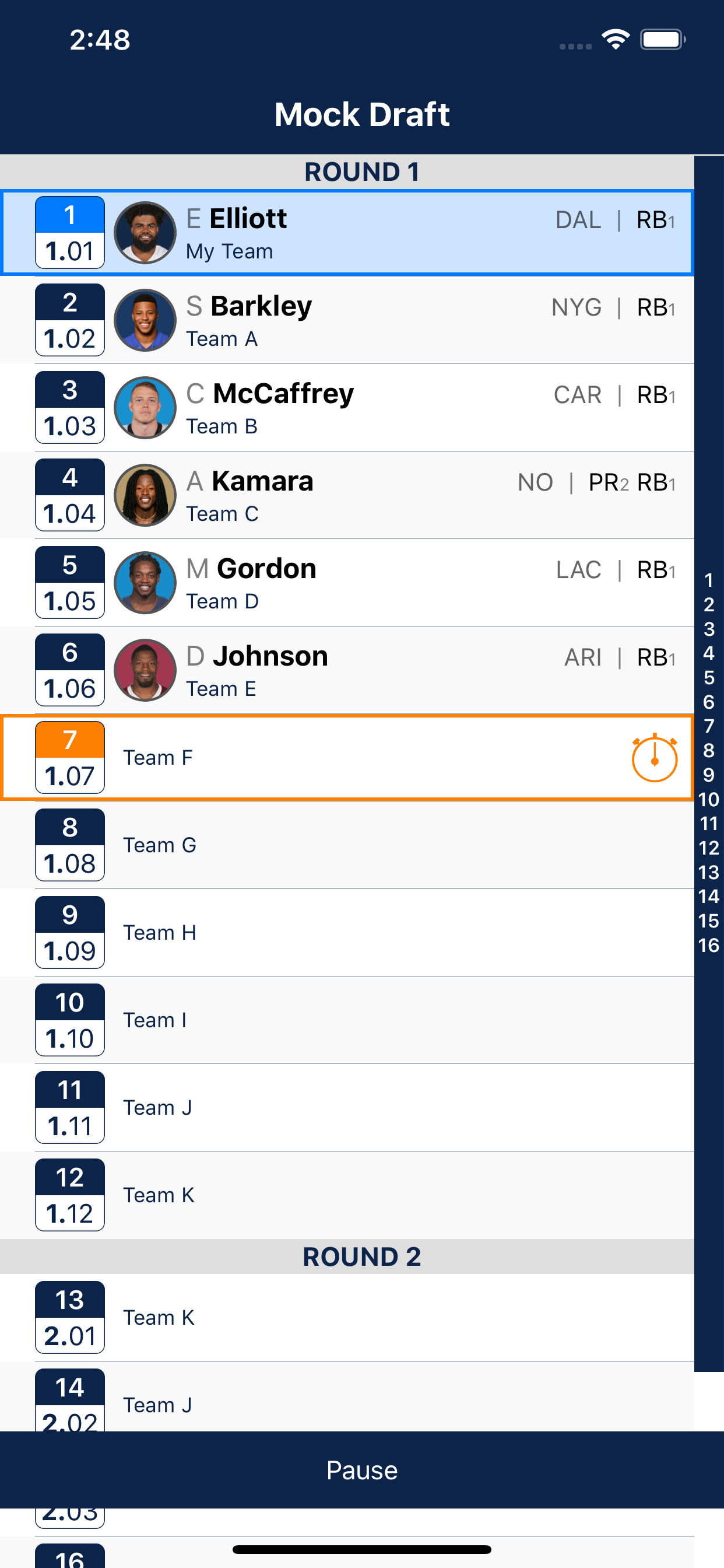 Mock Draft - iPhone view of draft board interface